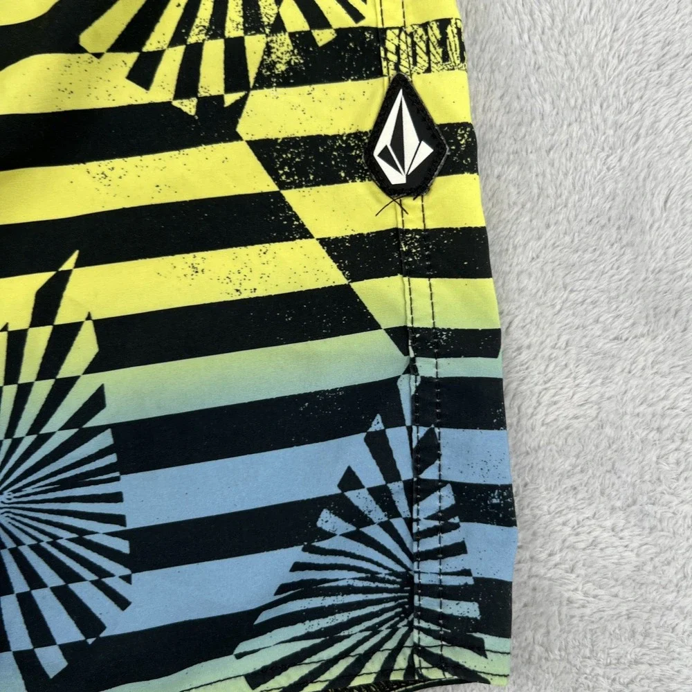 Volcom Mod-Tech Board Shorts 27 Yellow Blue Geometric Surf Swim Trunks Womens